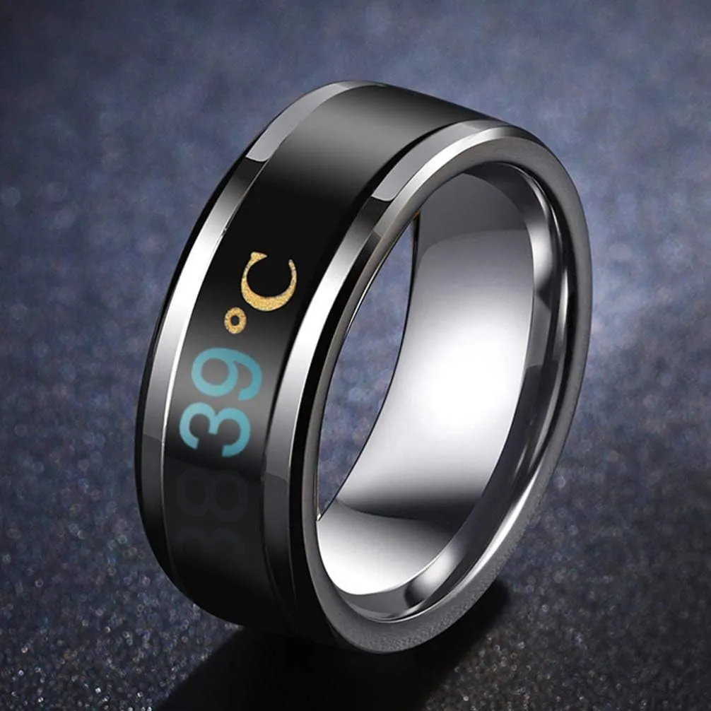 Happyyami Temperature Monitor Ring Fahrenheit Digital Thermometer Body Temperature Smart Rings Steel Band Finger Ring No.6