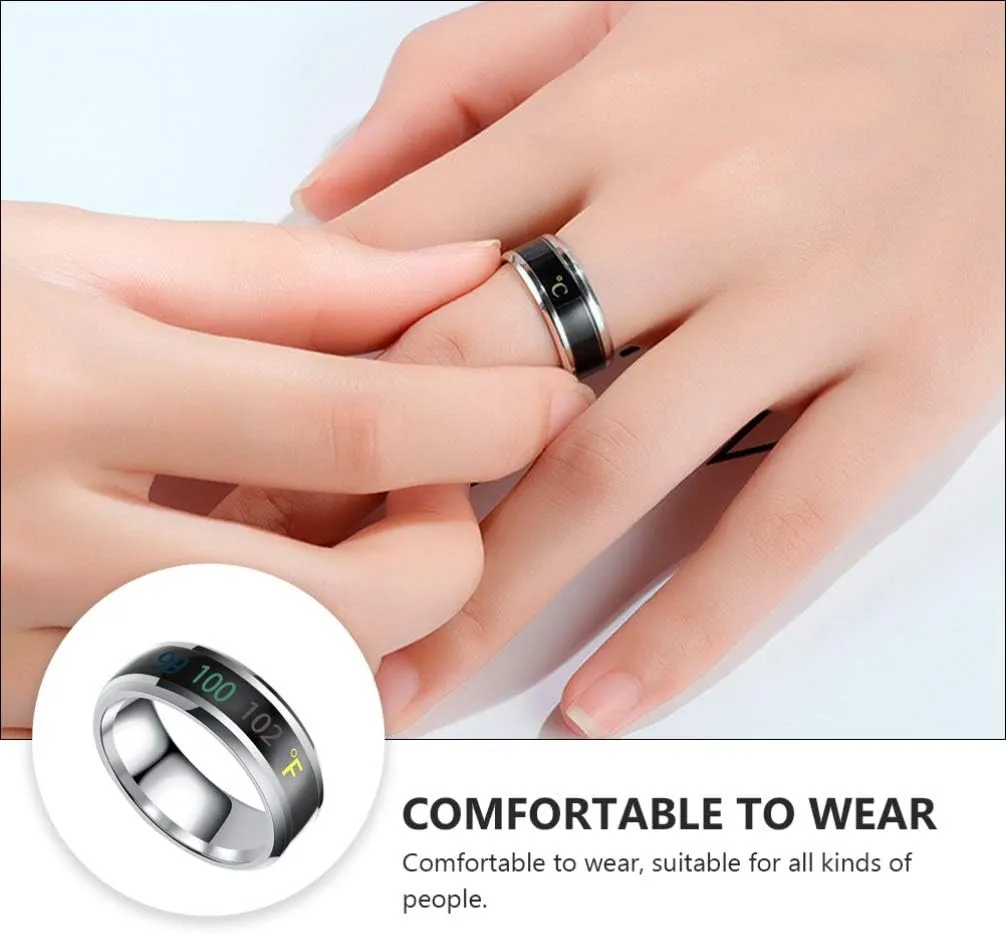 Happyyami Temperature Monitor Ring Fahrenheit Digital Thermometer Body Temperature Smart Rings Steel Band Finger Ring No.6