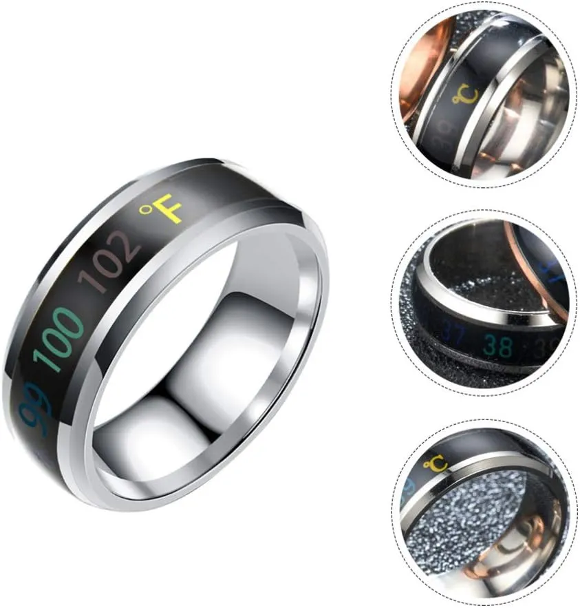 Happyyami Temperature Monitor Ring Fahrenheit Digital Thermometer Body Temperature Smart Rings Steel Band Finger Ring No.6