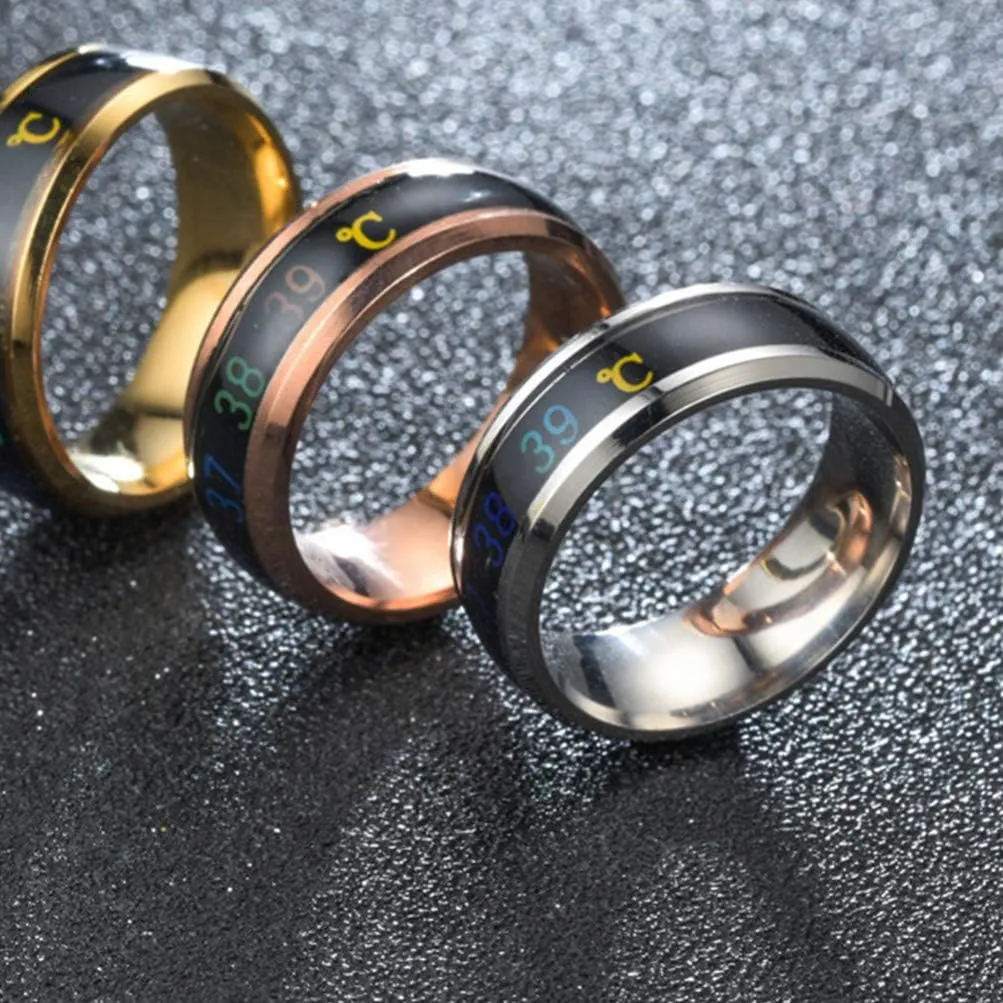 Happyyami Temperature Monitor Ring Fahrenheit Digital Thermometer Body Temperature Smart Rings Steel Band Finger Ring No.6