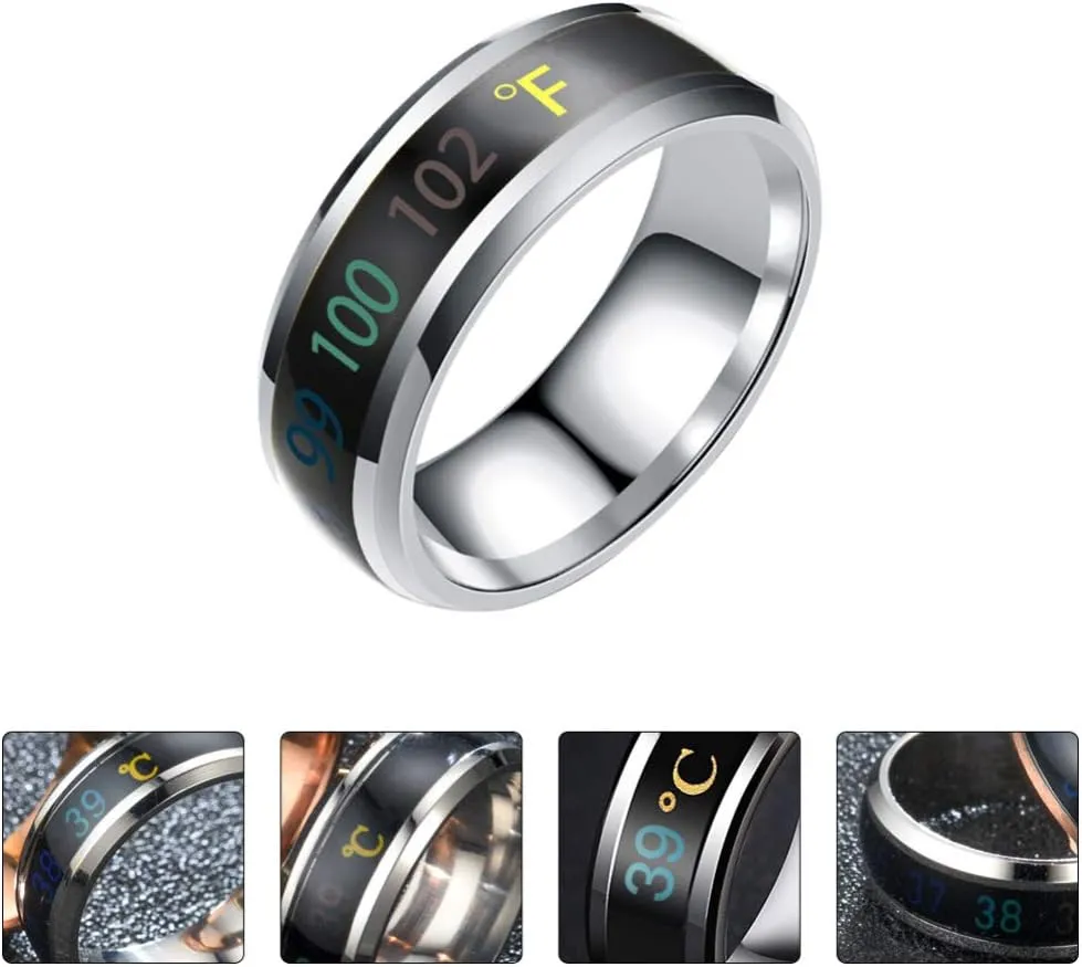 Happyyami Temperature Monitor Ring Fahrenheit Digital Thermometer Body Temperature Smart Rings Steel Band Finger Ring No.6