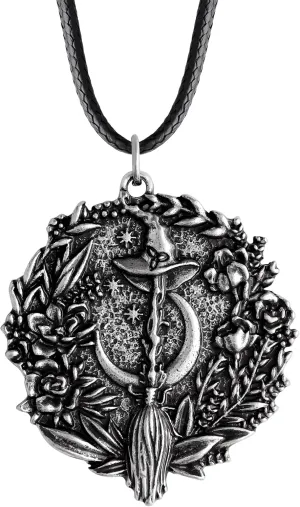 HAQUIL Witch Necklace, Vintage Witchcraft Broom Hat Crescent Moon Nature Pendant, Faux Leather Cord, Witch Jewelry Gift for Women