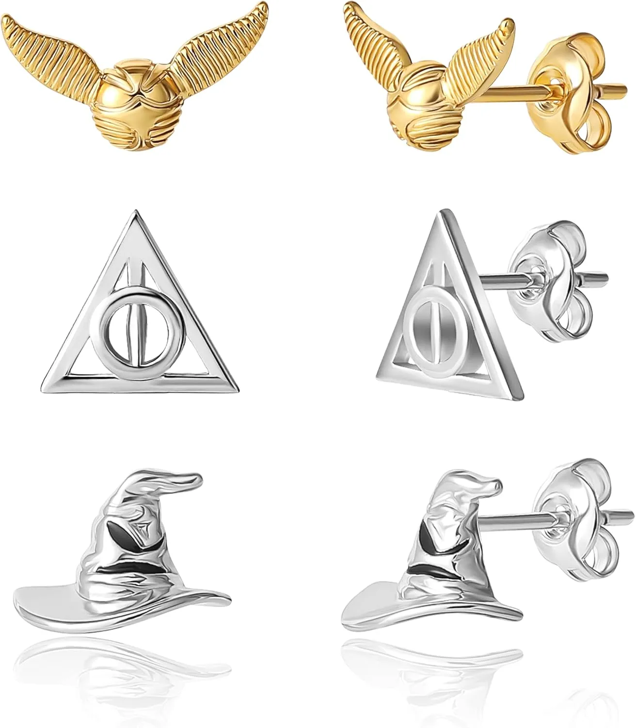 Harry Potter Earrings 3-Pack Official License,18k Gold or Silver Flash-Plated Deathly Hallows and Golden Snitch Studs