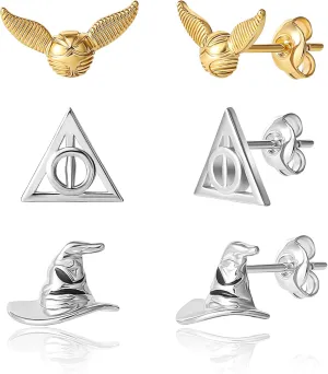 Harry Potter Earrings 3-Pack Official License,18k Gold or Silver Flash-Plated Deathly Hallows and Golden Snitch Studs