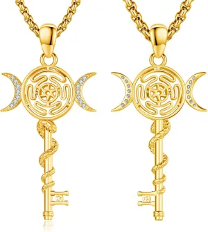Hecate Key Necklace Hekate Triple Moon Goddess Pentagram Wheel Key Pendant 925 Sterling Silver Hecate Wiccan Pagan Magic Witchcraft Tetragrammaton Amulet Jewelry Gifts for Women Men