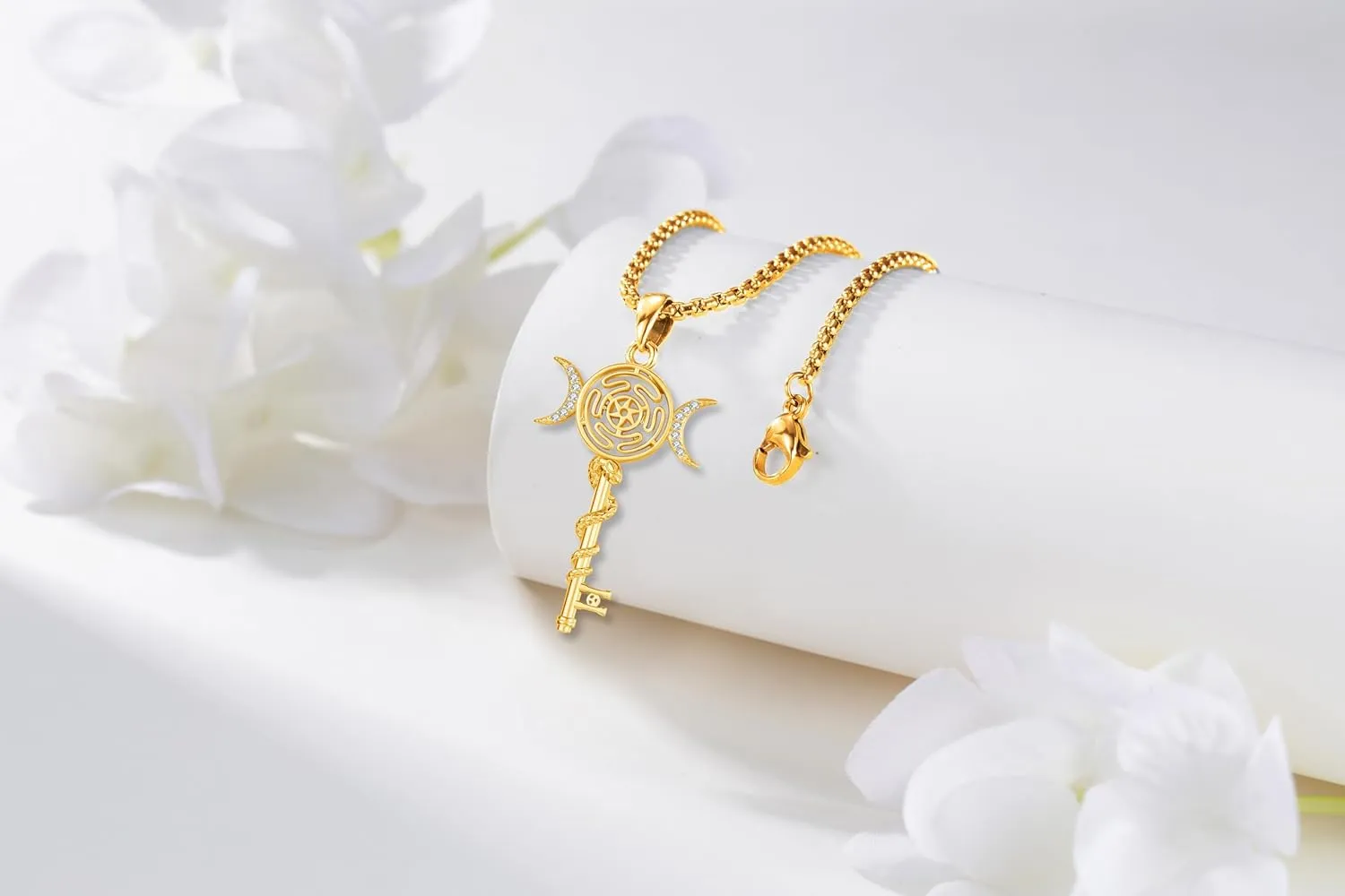 Hecate Key Necklace Hekate Triple Moon Goddess Pentagram Wheel Key Pendant 925 Sterling Silver Hecate Wiccan Pagan Magic Witchcraft Tetragrammaton Amulet Jewelry Gifts for Women Men