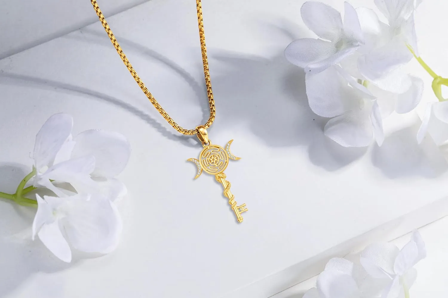 Hecate Key Necklace Hekate Triple Moon Goddess Pentagram Wheel Key Pendant 925 Sterling Silver Hecate Wiccan Pagan Magic Witchcraft Tetragrammaton Amulet Jewelry Gifts for Women Men