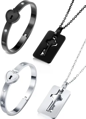 Hicarer 2 Sets Couple Heart Charm Lock Bracelet and Key Necklace Lock Matching Bangle Titanium Steel Couples Jewelry Set for Valentine's Day Wedding Anniversary