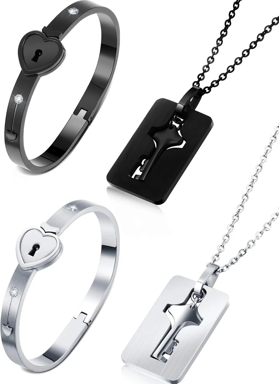 Hicarer 2 Sets Couple Heart Charm Lock Bracelet and Key Necklace Lock Matching Bangle Titanium Steel Couples Jewelry Set for Valentine's Day Wedding Anniversary