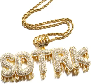 Hip Hop Custom Crown Bail Bubble Letters Pendant Icy Drippy Name Necklace Iced Out Cubic Zircon Diamond Nameplate Charm Necklace Unisex Rapper Jewelry with Stainless Steel Rope Chain Birthday Gifts
