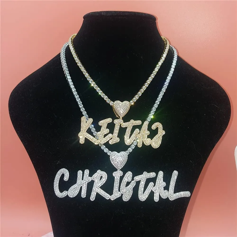Hip Hop Custom Heart Bail Cursive Name Necklace with Cuban Or Tennis Chain Iced Out Bubble Letter Pendant Simulated Diamond Initials Chain Gifts for Her