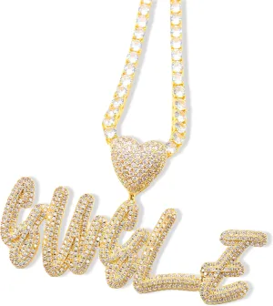 Hip Hop Custom Heart Bail Cursive Name Necklace with Cuban Or Tennis Chain Iced Out Bubble Letter Pendant Simulated Diamond Initials Chain Gifts for Her