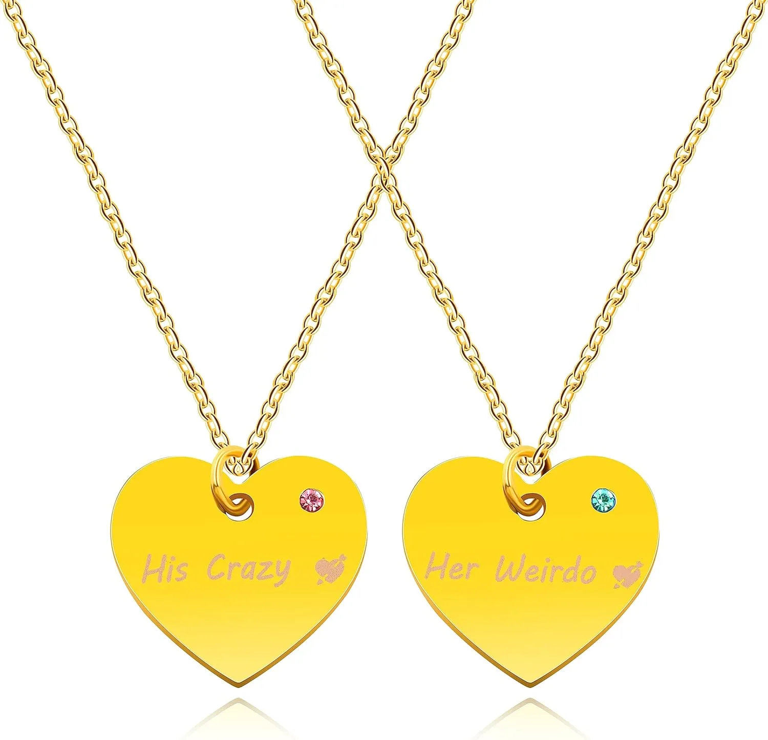 His and Hers Custom Name Love Heart Pendant Necklaces for Couple, Pink Blue Cubic Zirconia Stainless Steel Personalized Name Heart Necklace for Boyfriend and Girlfriend Y3540