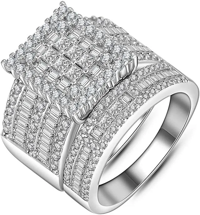 Hiyong Women Wedding Ring Set White Gold Cubic Zirconia Wedding Rings Fashion Sliver Engagement Rings for Women