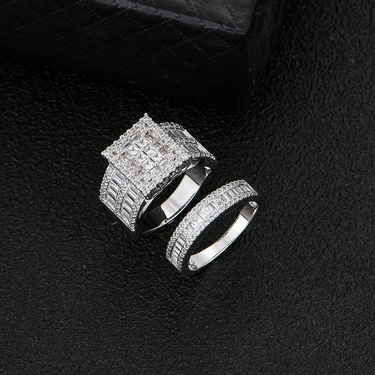 Hiyong Women Wedding Ring Set White Gold Cubic Zirconia Wedding Rings Fashion Sliver Engagement Rings for Women