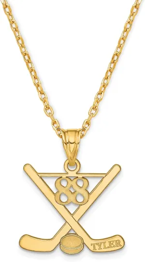 Hockey Necklace - Custom Lucky Number Ice Hockey Pendant with Personalized Name, 14k Gold Plated And Sterling Silver, Chain Sports Charm Athletic Jewelry & Hockey Gifts