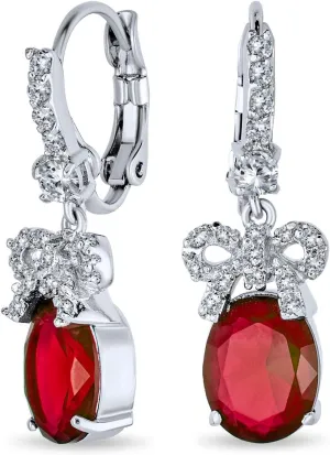 Holiday Bridal Wedding Vintage Style AAA Cubic Zirconia Simulated Gemstone CZ Accent Ribbon Bow Oval Drop Chandelier Earrings For Women Silver Plated Lever back Jewel Colors
