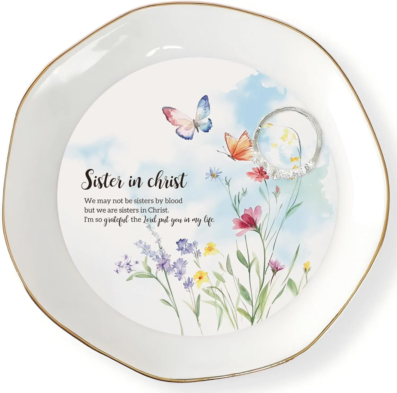 HOME SMILE Sister in Christ Jewelry Ring Dish Tray with Dynamic Butterfly Pattern Shifts,We May Not Be Sisters by Blood But We are Sisters in Christ,Best Friend Soul Sister Birthday Wedding Gifts