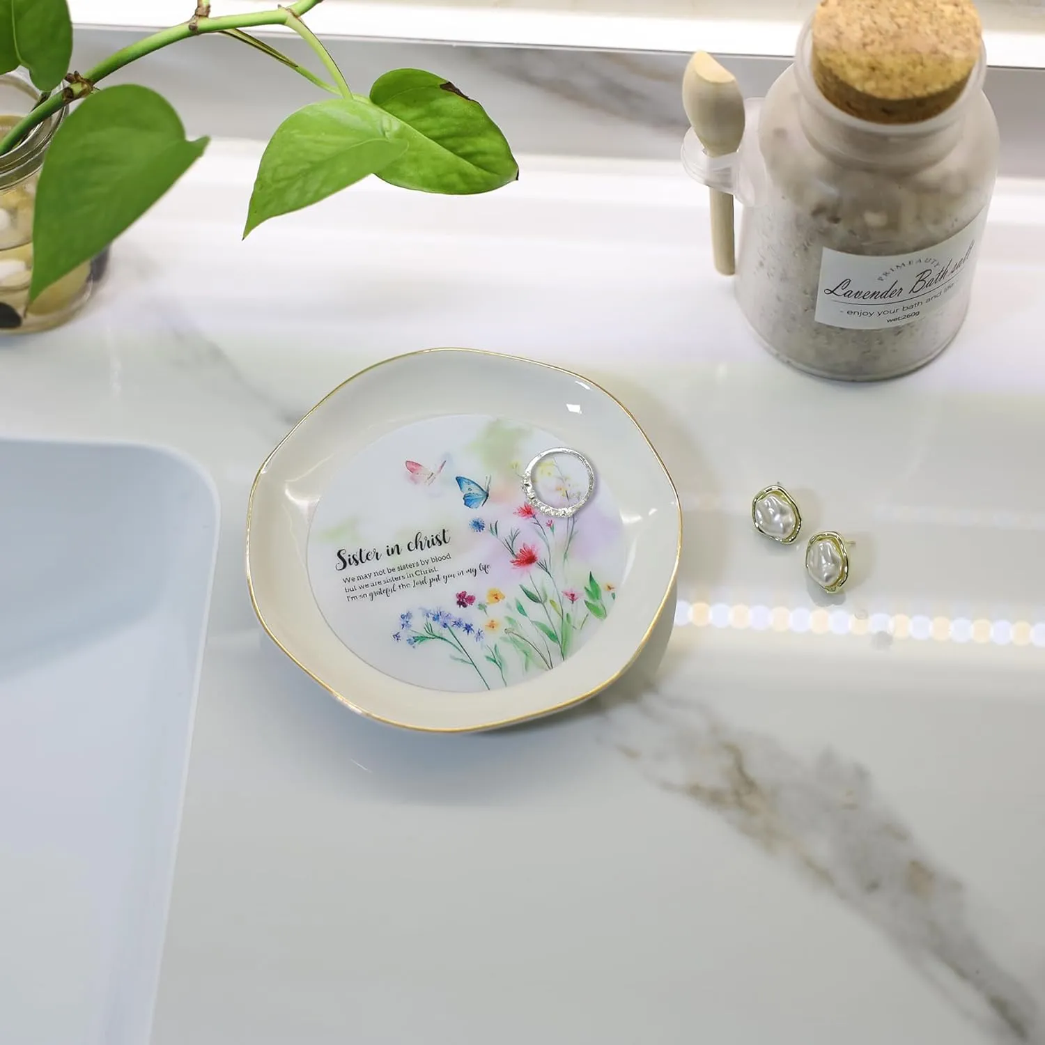 HOME SMILE Sister in Christ Jewelry Ring Dish Tray with Dynamic Butterfly Pattern Shifts,We May Not Be Sisters by Blood But We are Sisters in Christ,Best Friend Soul Sister Birthday Wedding Gifts
