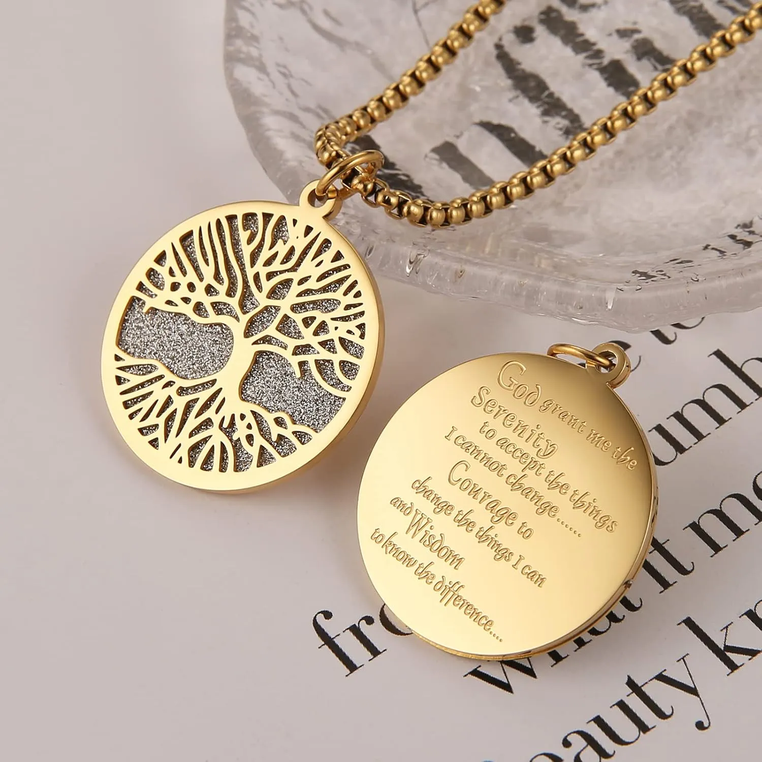 HZMAN Two Piece Serenity Prayer Stainless Steel Pendant Necklace With Tree Of Life Cut Out 22 2" Chain