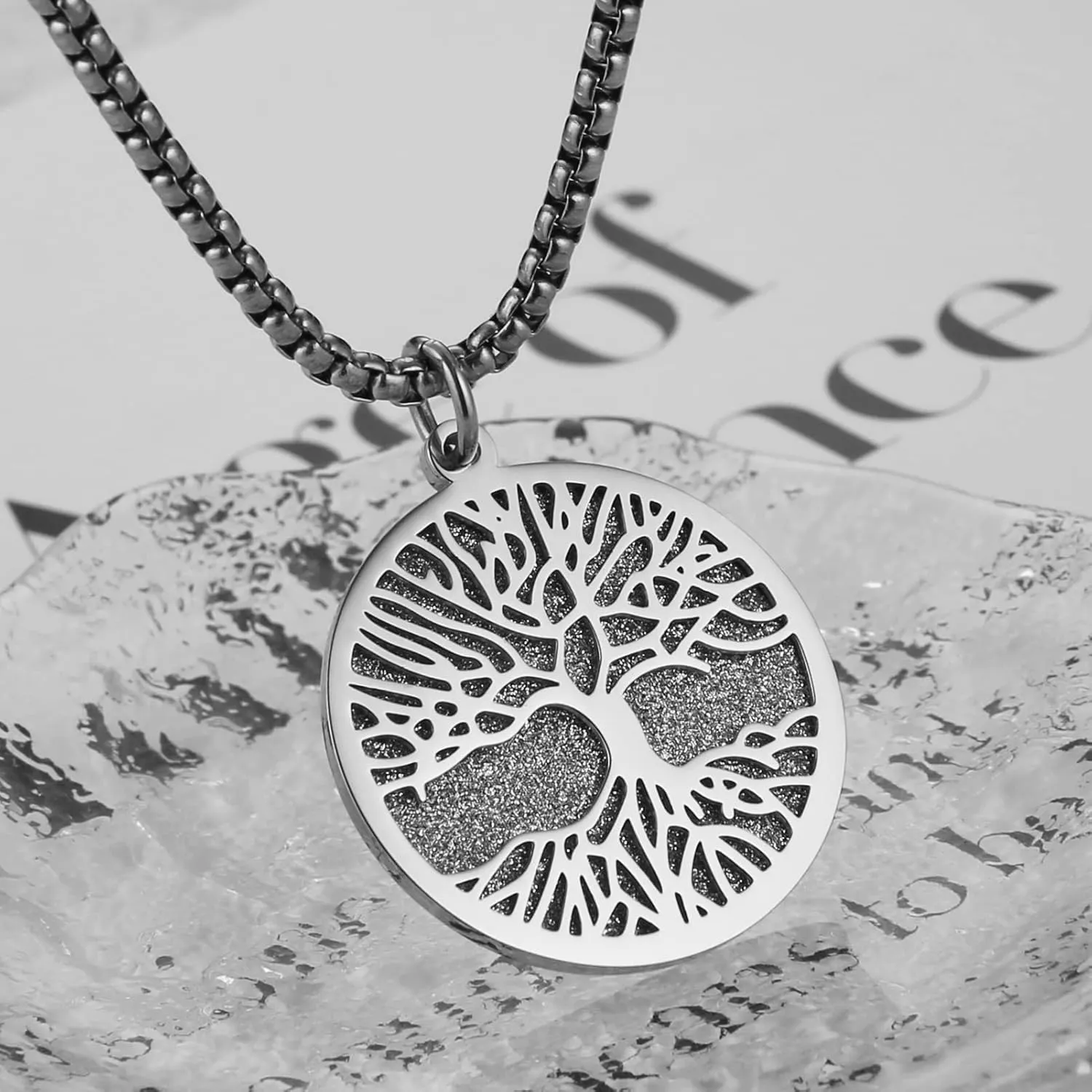 HZMAN Two Piece Serenity Prayer Stainless Steel Pendant Necklace With Tree Of Life Cut Out 22 2" Chain