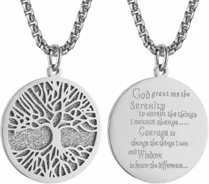 HZMAN Two Piece Serenity Prayer Stainless Steel Pendant Necklace With Tree Of Life Cut Out 22 2" Chain