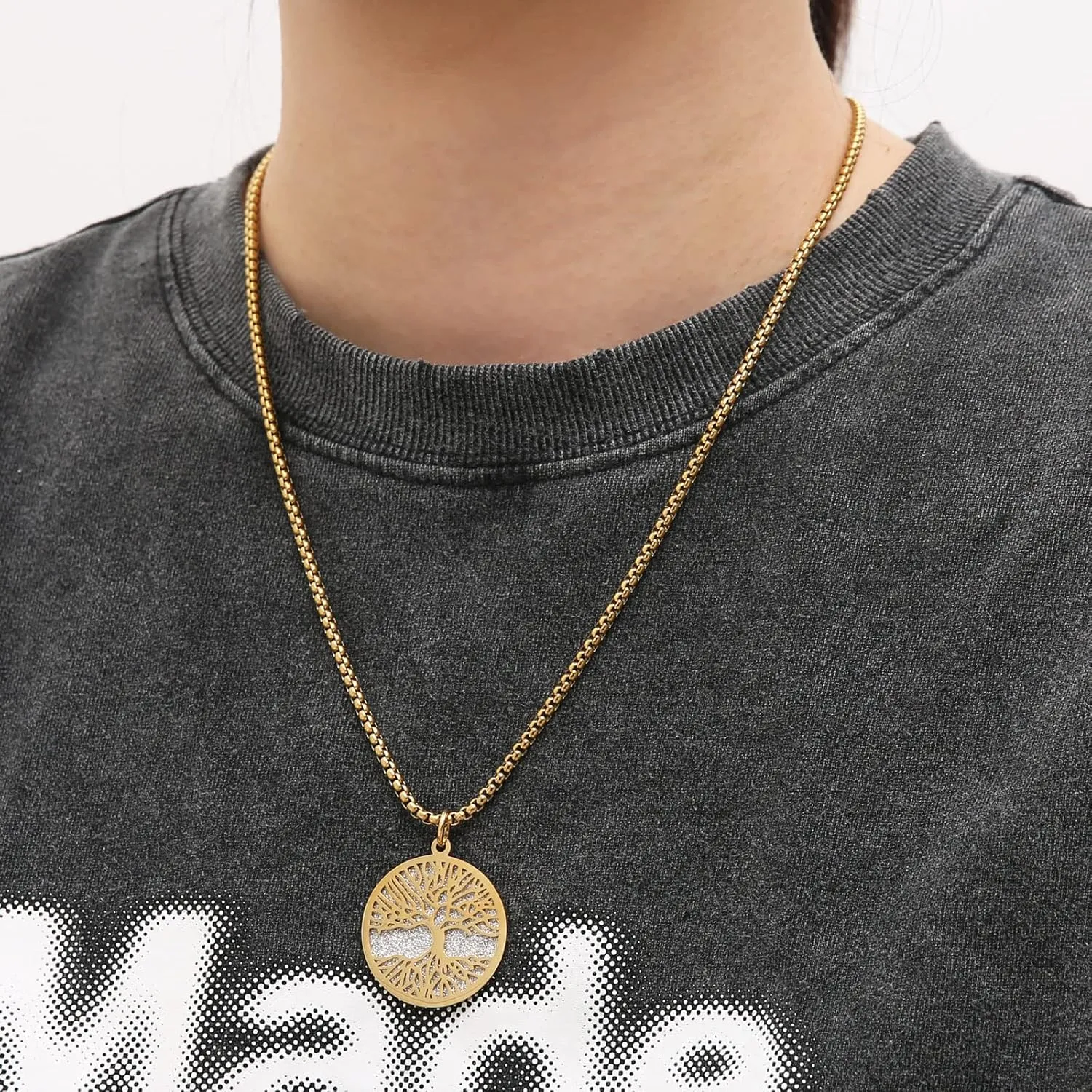 HZMAN Two Piece Serenity Prayer Stainless Steel Pendant Necklace With Tree Of Life Cut Out 22 2" Chain