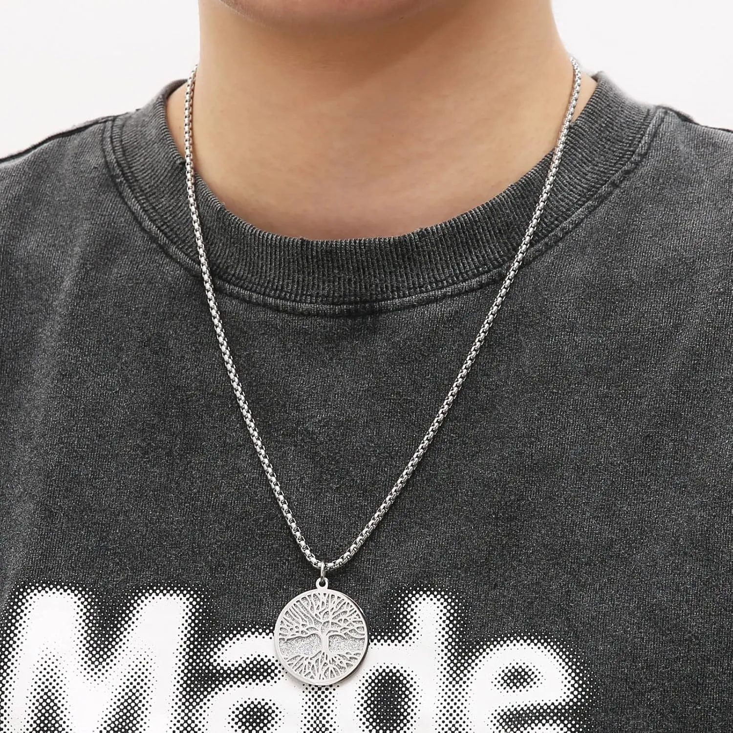 HZMAN Two Piece Serenity Prayer Stainless Steel Pendant Necklace With Tree Of Life Cut Out 22 2" Chain