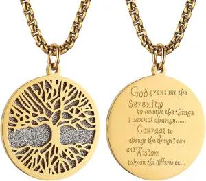 HZMAN Two Piece Serenity Prayer Stainless Steel Pendant Necklace With Tree Of Life Cut Out 22 2" Chain