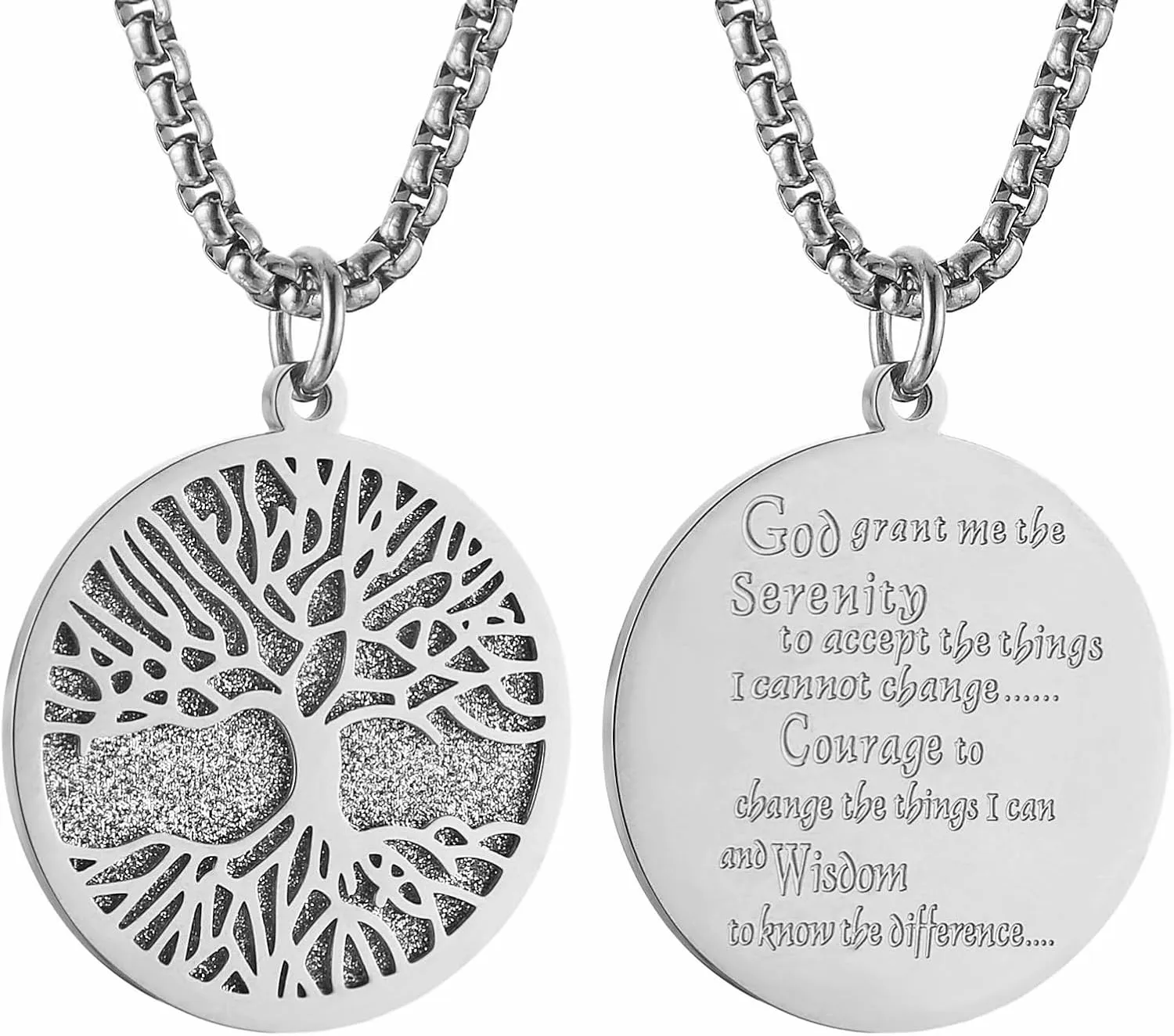 HZMAN Two Piece Serenity Prayer Stainless Steel Pendant Necklace With Tree Of Life Cut Out 22 2" Chain