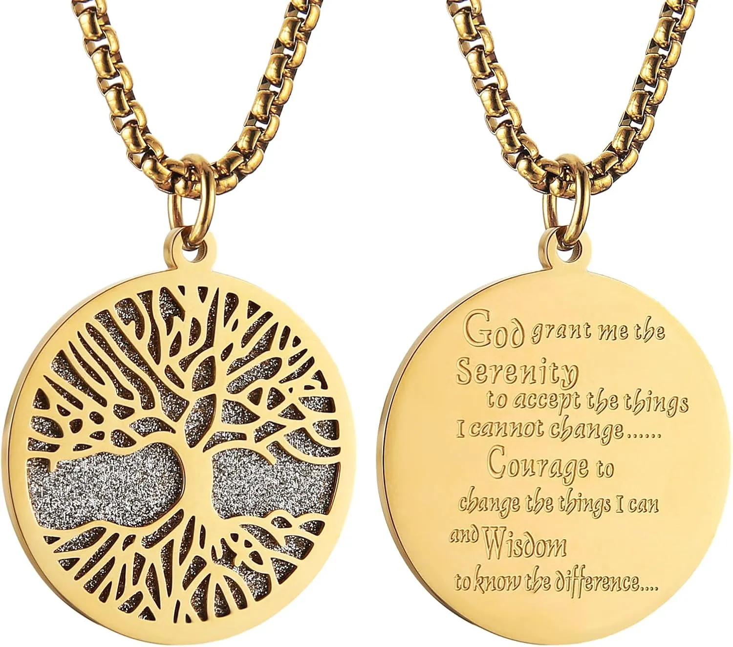 HZMAN Two Piece Serenity Prayer Stainless Steel Pendant Necklace With Tree Of Life Cut Out 22 2" Chain