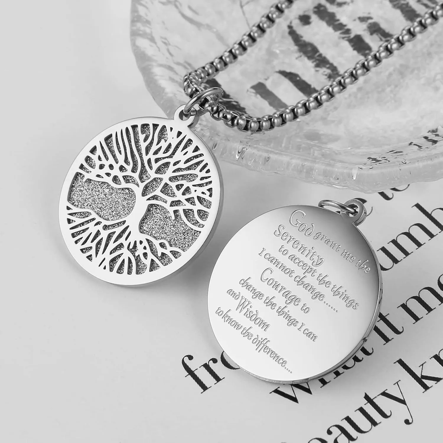 HZMAN Two Piece Serenity Prayer Stainless Steel Pendant Necklace With Tree Of Life Cut Out 22 2" Chain