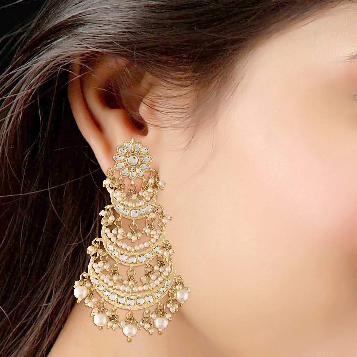 I Jewels Gold Plated Indian Stunning Antique Finish Chandbali Kundan & Pearl Earrings for Women (E2859-1)
