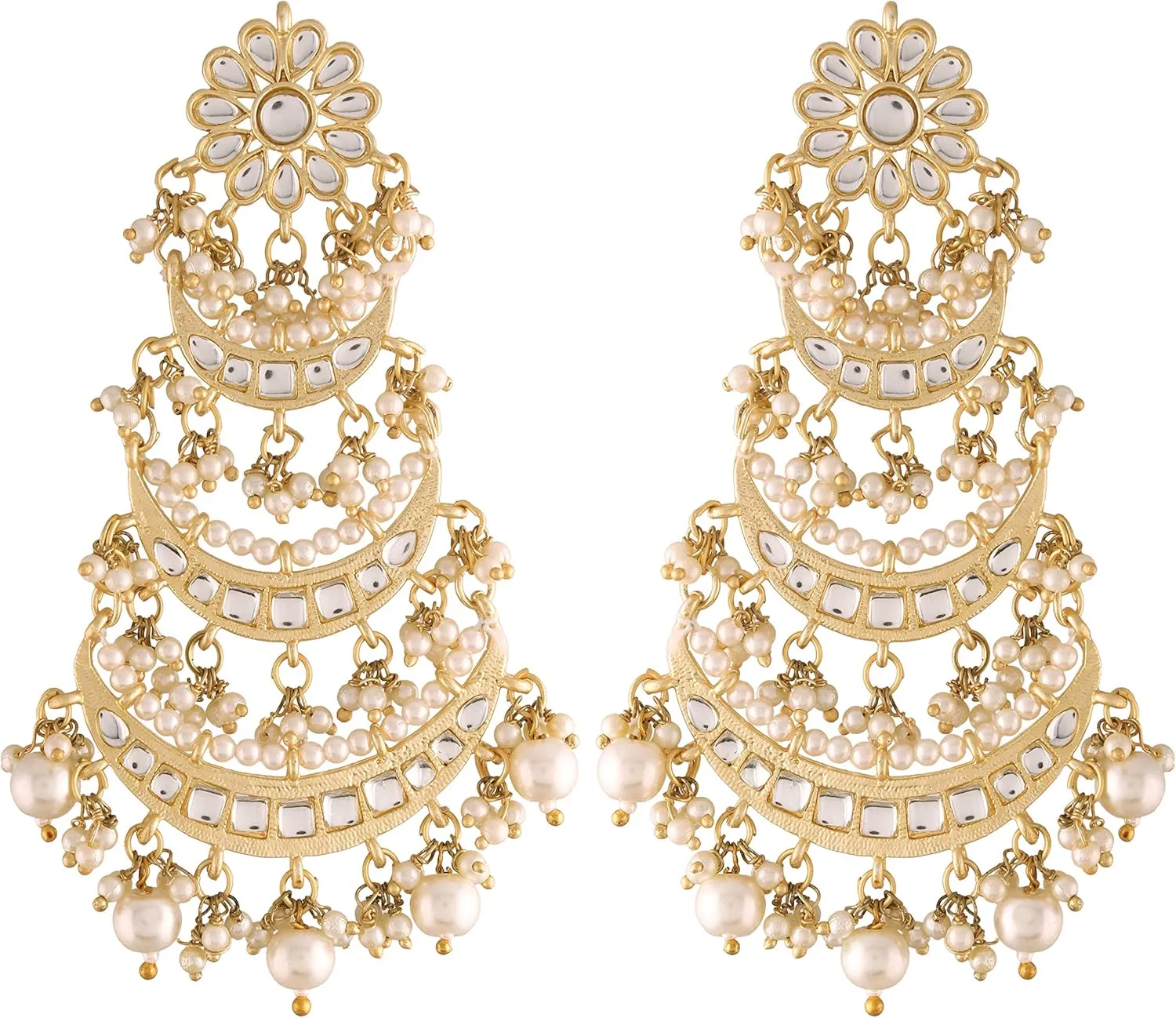 I Jewels Gold Plated Indian Stunning Antique Finish Chandbali Kundan & Pearl Earrings for Women (E2859-1)