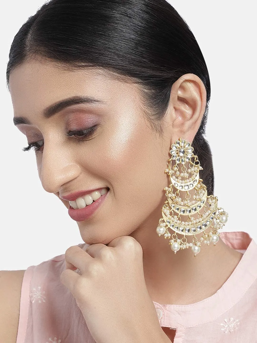 I Jewels Gold Plated Indian Stunning Antique Finish Chandbali Kundan & Pearl Earrings for Women (E2859-1)