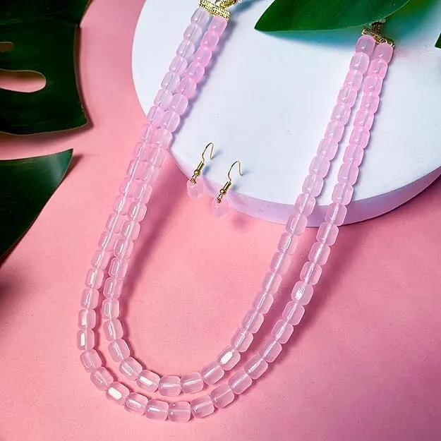 I Jewels Indian Wedding Bollywood Two Layer Stone Beads Necklace Pearl Moti Mala Jewellery Set with Earrings for Women
