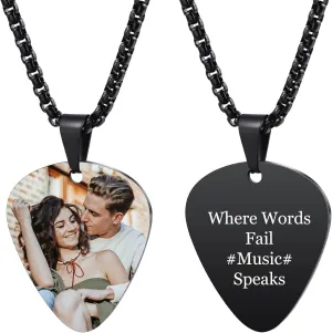 INBLUE Personalized Guitar Pick Necklace for Men Engraved with Text/Photo Customize Stainless Steel Guitar Pendant Rock Punk Cool Jewelry Gift for Music Lover