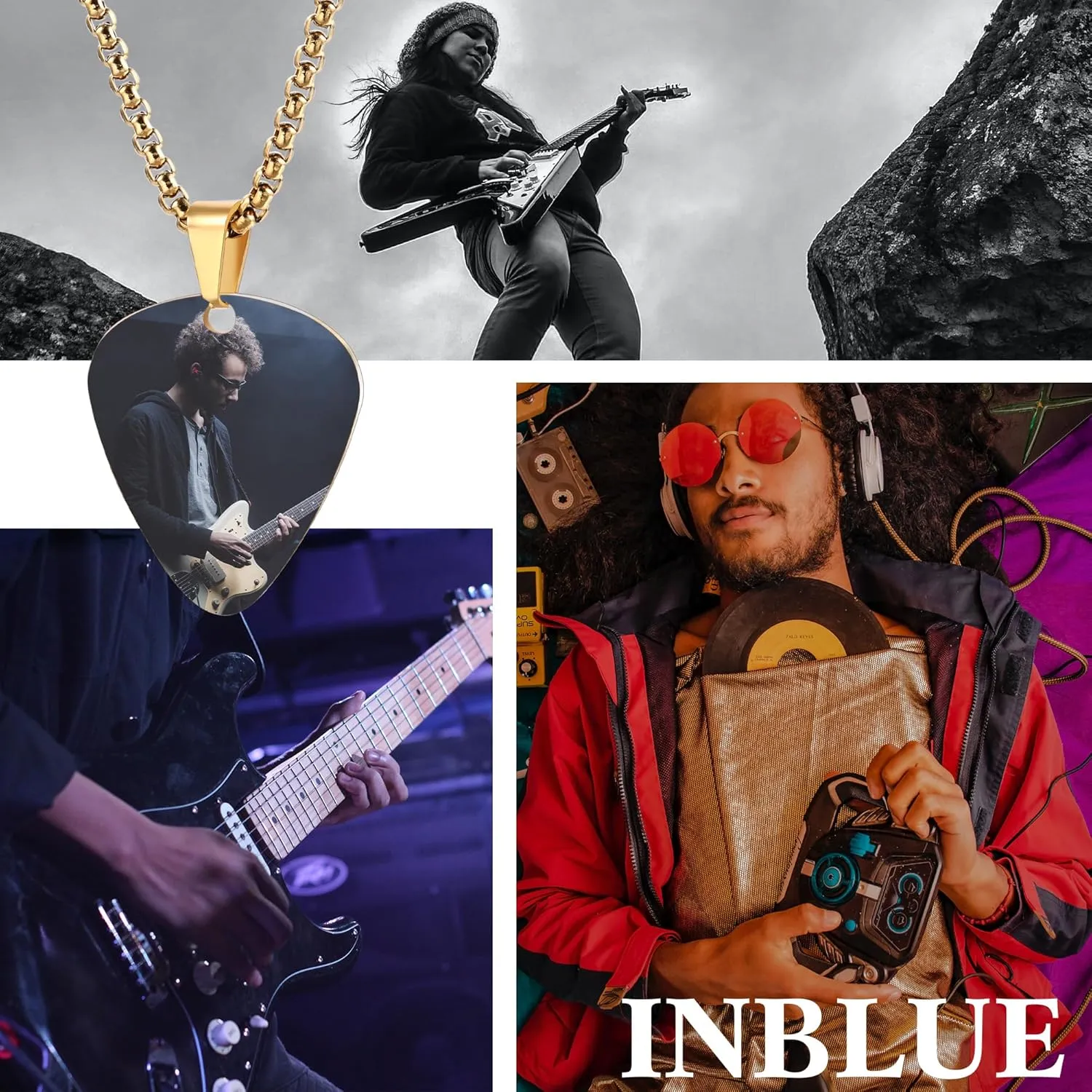 INBLUE Personalized Guitar Pick Necklace for Men Engraved with Text/Photo Customize Stainless Steel Guitar Pendant Rock Punk Cool Jewelry Gift for Music Lover