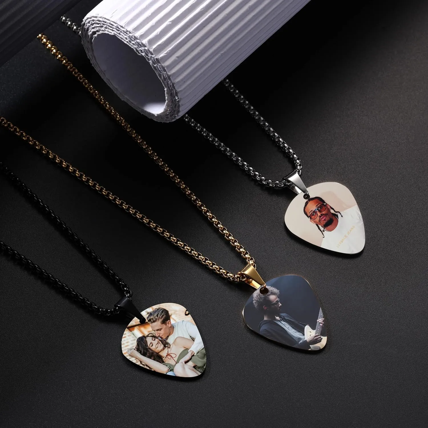 INBLUE Personalized Guitar Pick Necklace for Men Engraved with Text/Photo Customize Stainless Steel Guitar Pendant Rock Punk Cool Jewelry Gift for Music Lover