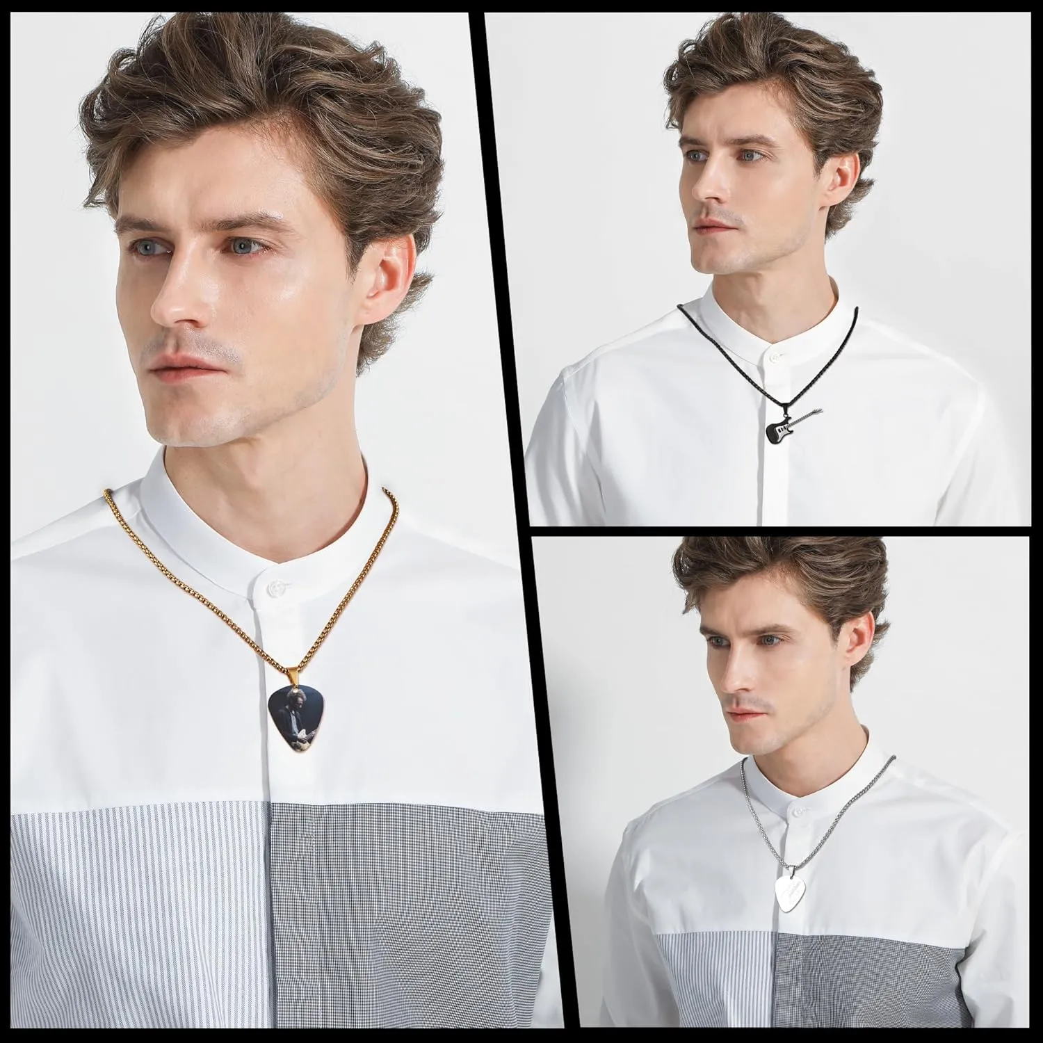 INBLUE Personalized Guitar Pick Necklace for Men Engraved with Text/Photo Customize Stainless Steel Guitar Pendant Rock Punk Cool Jewelry Gift for Music Lover