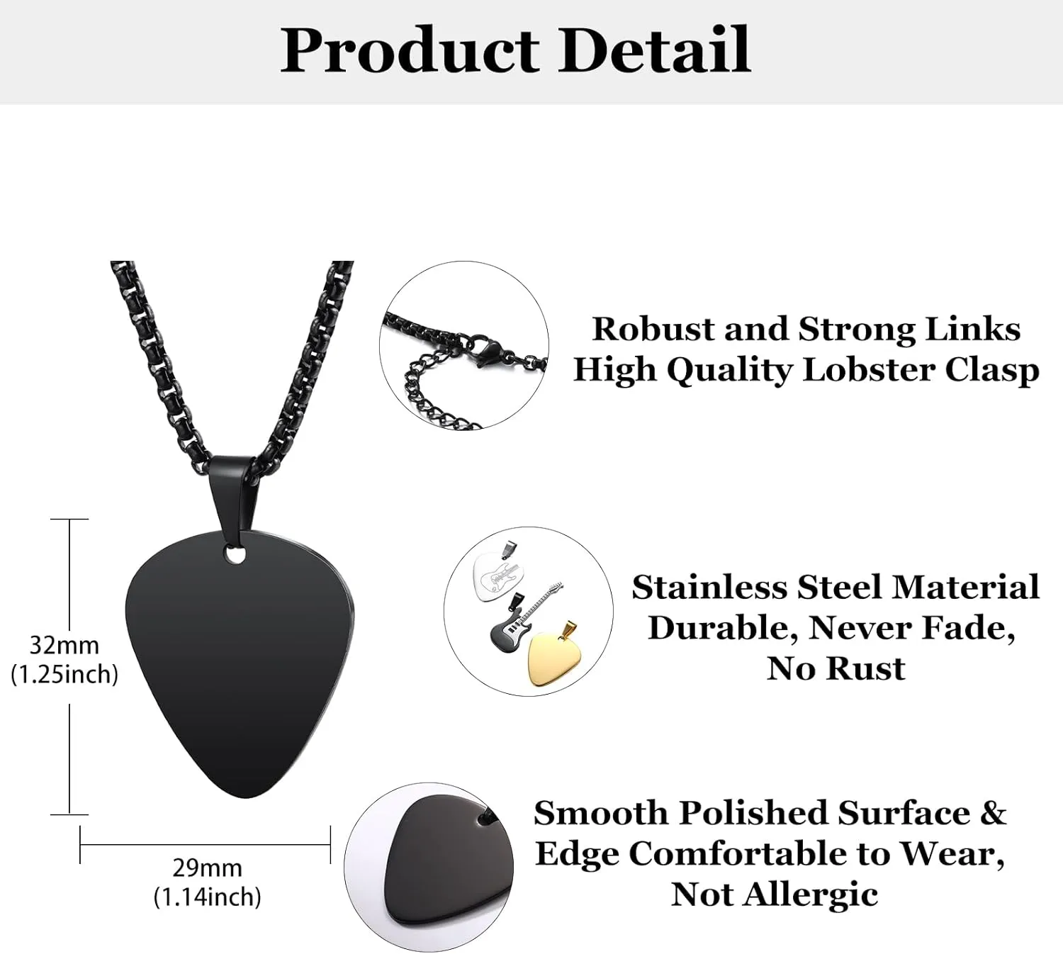 INBLUE Personalized Guitar Pick Necklace for Men Engraved with Text/Photo Customize Stainless Steel Guitar Pendant Rock Punk Cool Jewelry Gift for Music Lover