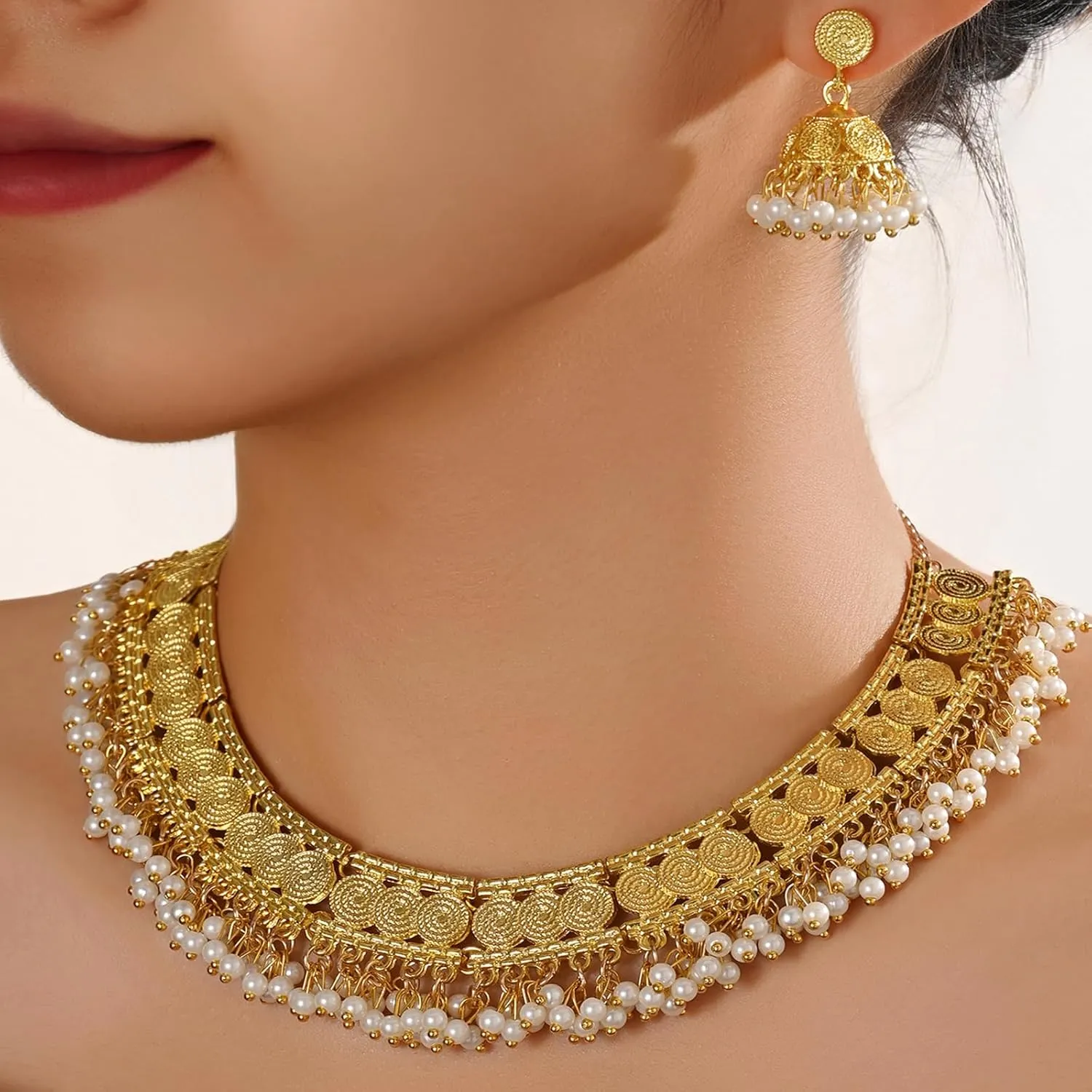 Indian Jewelry Sets for Women Jhumka Necklace Oxidized Choker Chain Earrings Silver Kundan Jewelry Sets