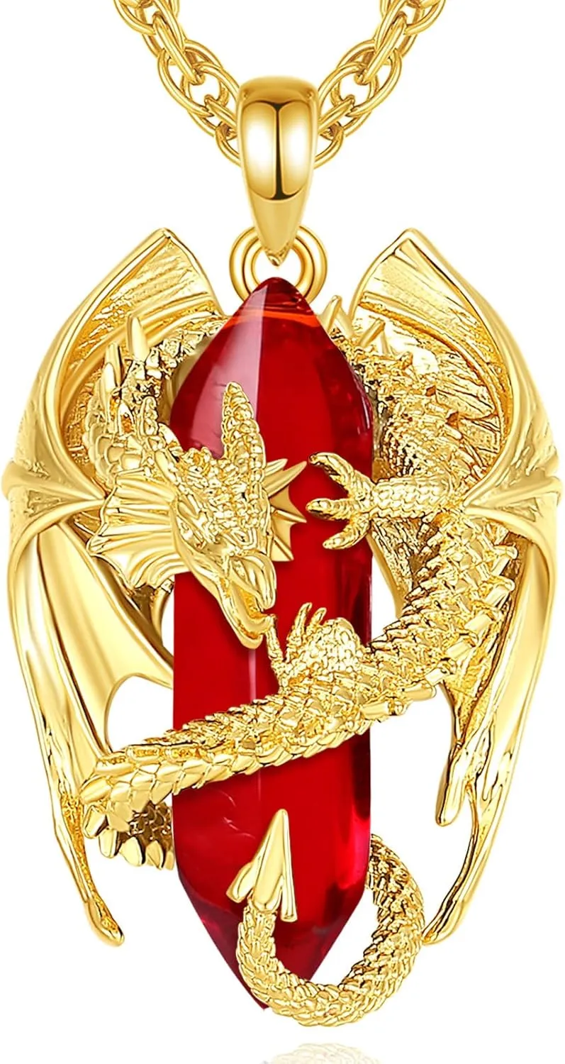 INFUSEU Dragon Necklace with Healing Crystal Stone for Men Women, Fantasy Meets Fashion