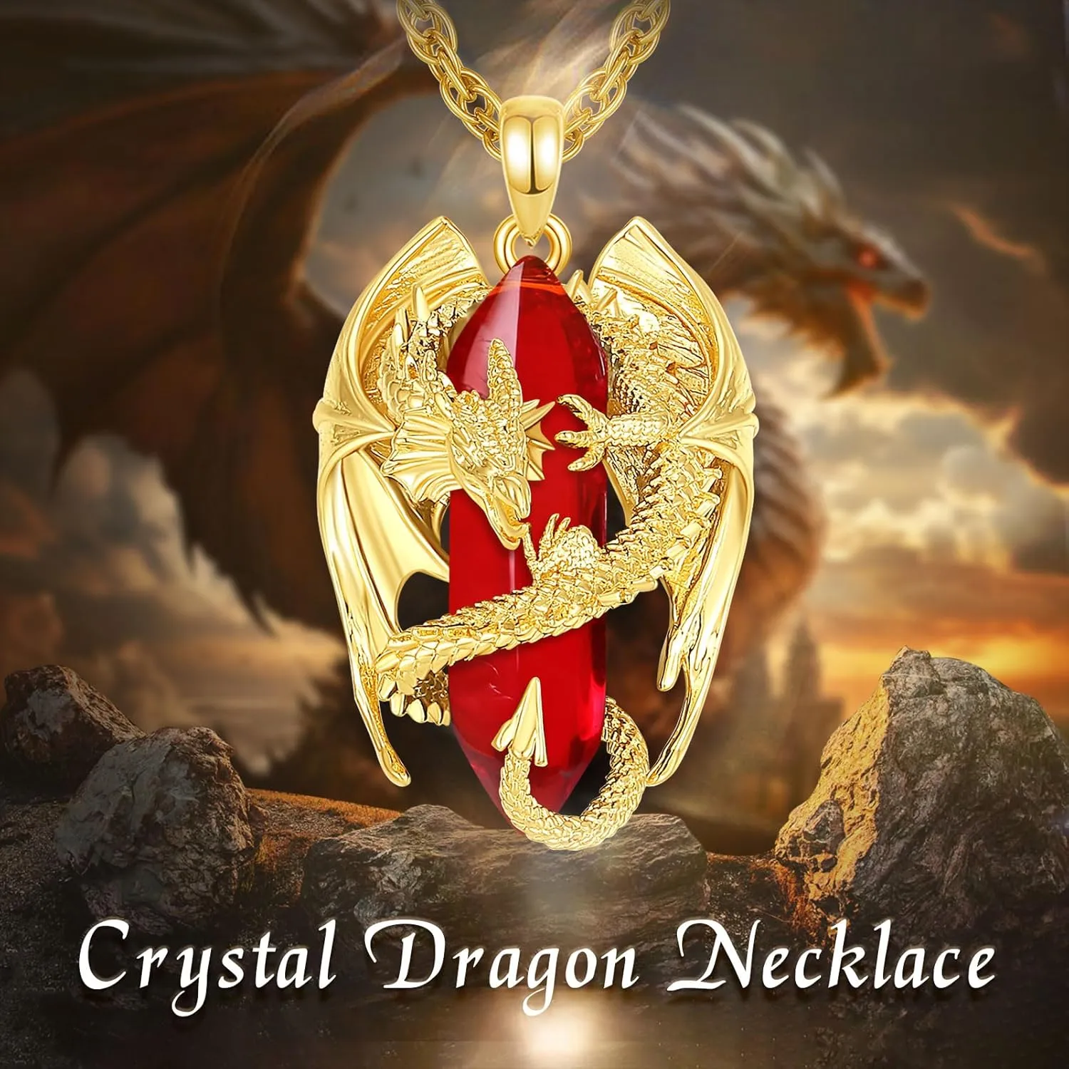 INFUSEU Dragon Necklace with Healing Crystal Stone for Men Women, Fantasy Meets Fashion