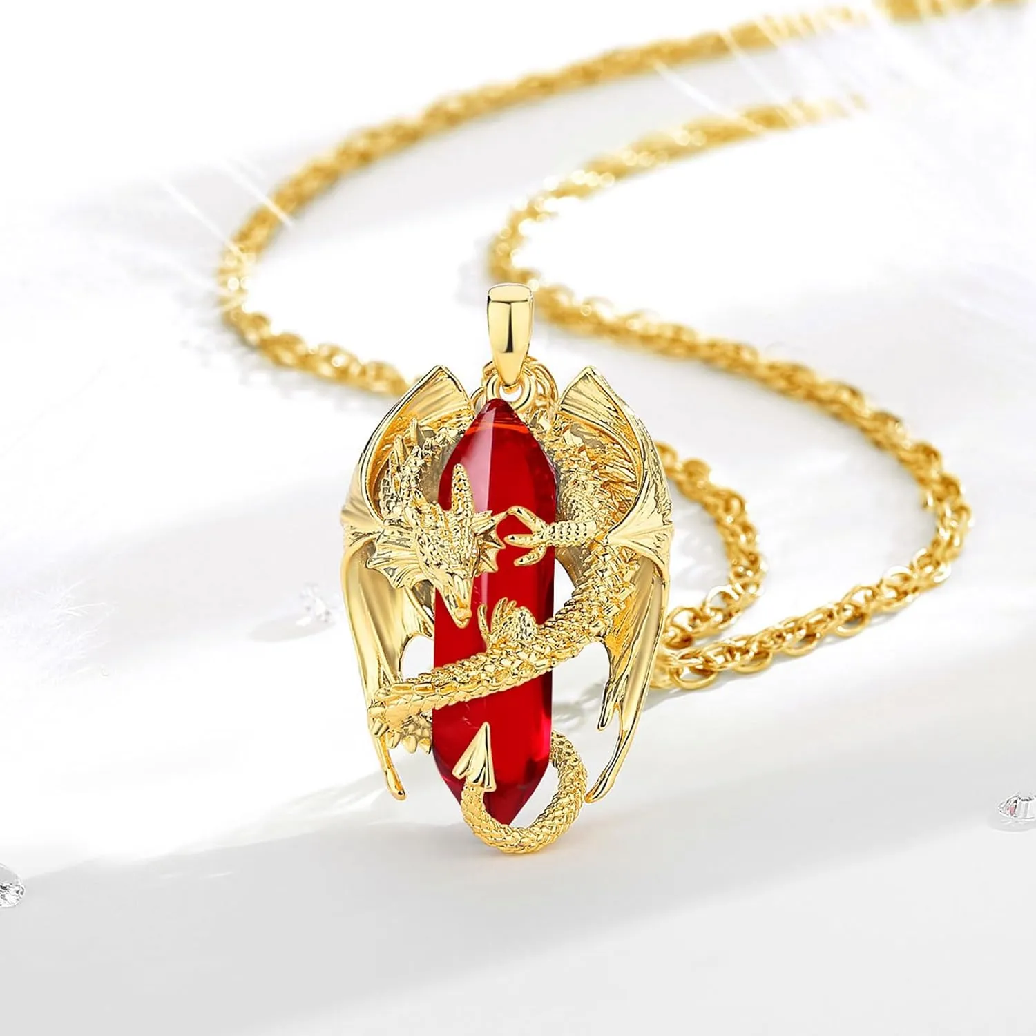 INFUSEU Dragon Necklace with Healing Crystal Stone for Men Women, Fantasy Meets Fashion
