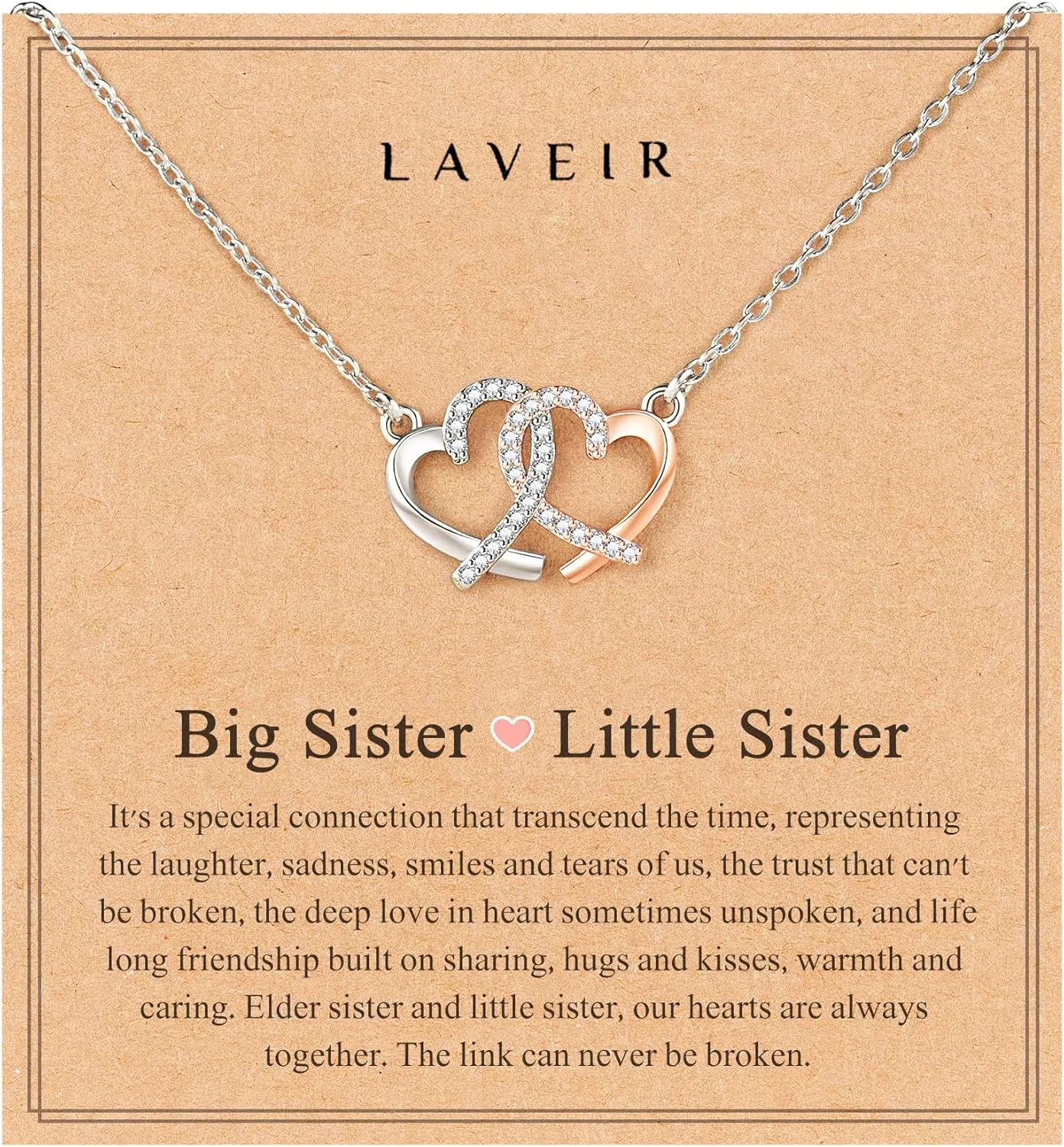 Interlocking Heart Necklace for Women, Sister Bestie Gifts with Unique Quote Card