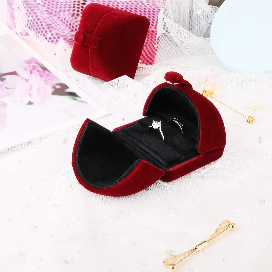 iSuperb Red Wine Velvet Double Ring Box Jewelry Gift Box Couple Engagement Ring Earring Jewelry Display for Wedding Anniversary Proposal