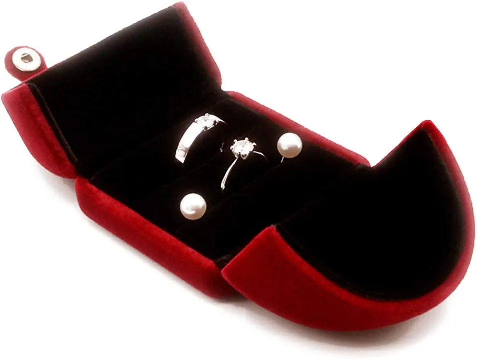 iSuperb Red Wine Velvet Double Ring Box Jewelry Gift Box Couple Engagement Ring Earring Jewelry Display for Wedding Anniversary Proposal