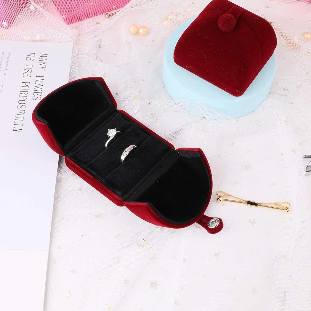 iSuperb Red Wine Velvet Double Ring Box Jewelry Gift Box Couple Engagement Ring Earring Jewelry Display for Wedding Anniversary Proposal