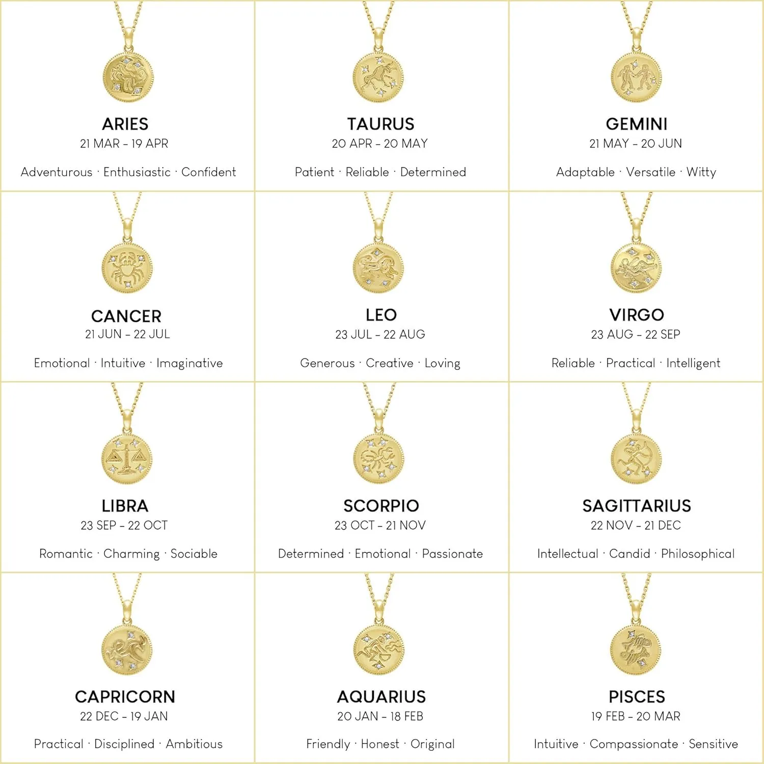 J'ADMIRE 14K Yellow Gold Clad Sterling Silver Zodiac Stars Pendant Necklace for Women Birthday Mother's Day Gift, 18"